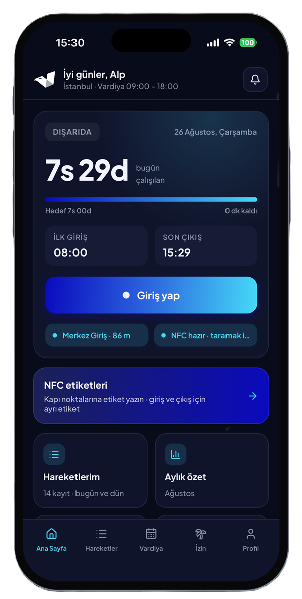 Milvus mobile app, dark theme: NFC clock-in screen