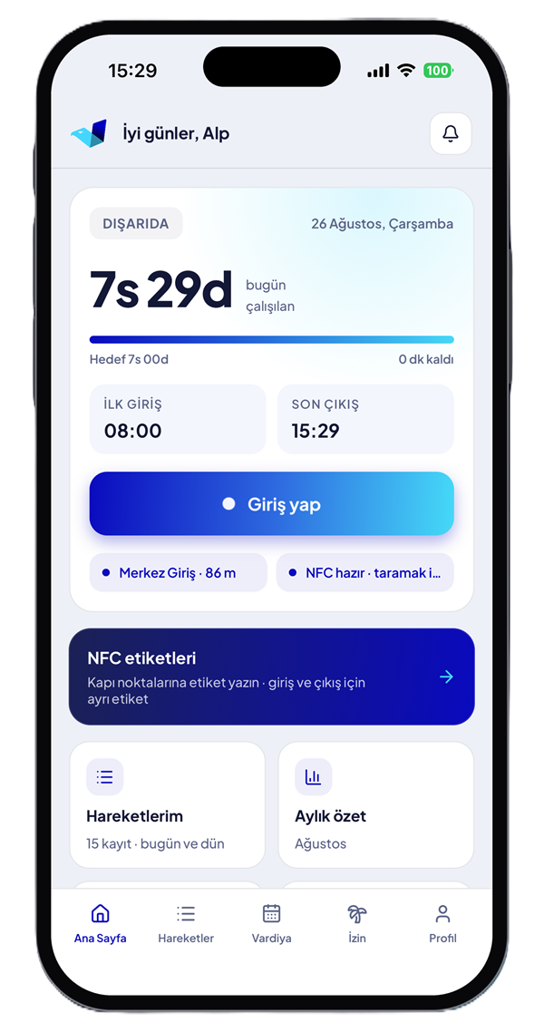 Milvus mobile app, light theme: daily working time, first entry and last exit screen